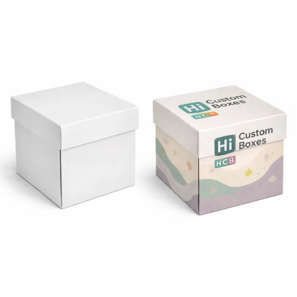 Two square gift boxes with lids- one minimalist white and the other decorated with autumn leaves- class=